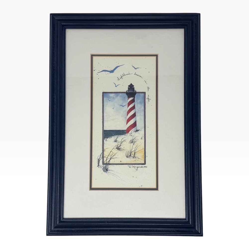 Vintage 1994 D. Morgan Lighthouse Beach Nautical Coastal Print Framed Matted 16"